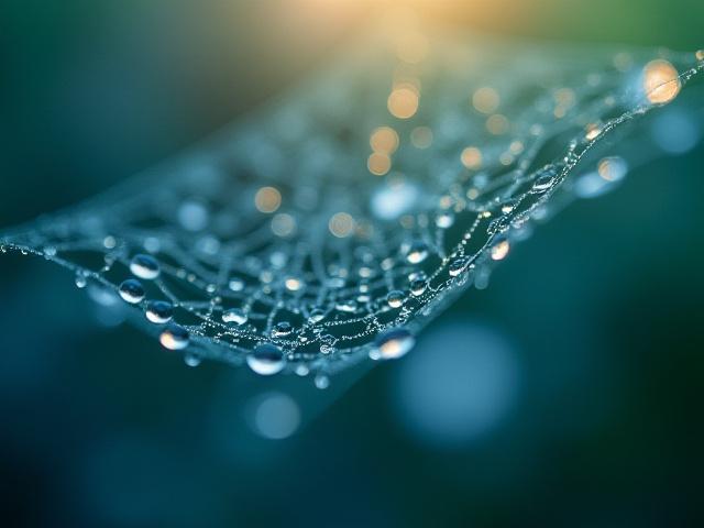Telaraña con gotas de rocío, macrofotografía en primer plano.