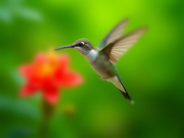 Colibrí en pleno vuelo con alas borrosas, fotografía de vida silvestre.