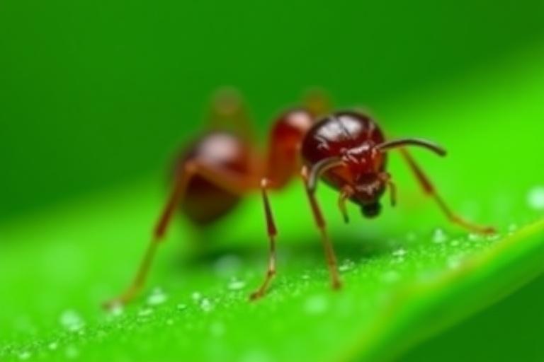Macro shot de una hormiga detallada sobre una hoja verde.